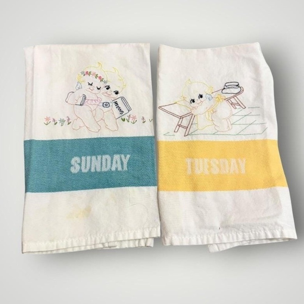 Vintage Tea Towels Kitchen Set of 2 Sunday Tuesday Embroidered Angel Kewpie MCM